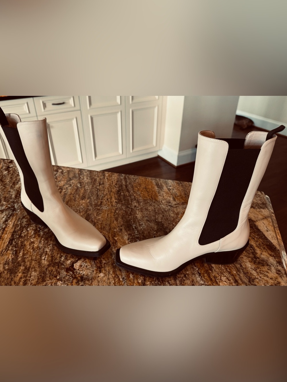 Stuart Weitzman Cream and Black Chelsea Ankle Boots